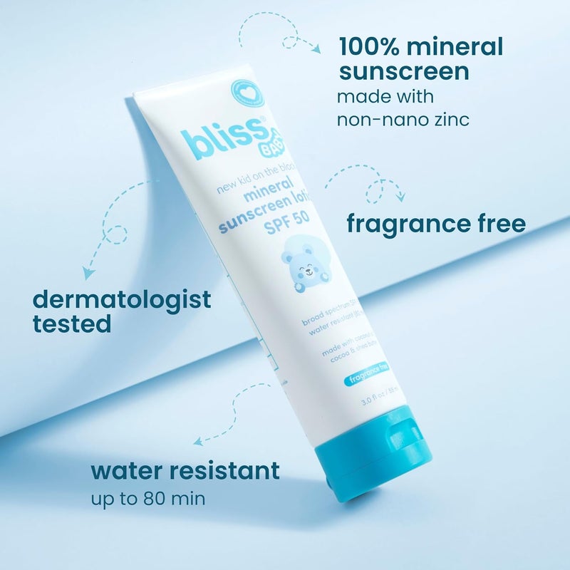 BLISS واقي شمس للأطفال، لوشن معدني فائق الجودة SPF 50، أكسيد الزنك الطبيعي، مضاد للحساسية، غير سام، مقاوم للماء، نباتي، للبشرة الحساسة - للأطفال، والرضع، والأطفال، والعائلة بأكملها - Image 2